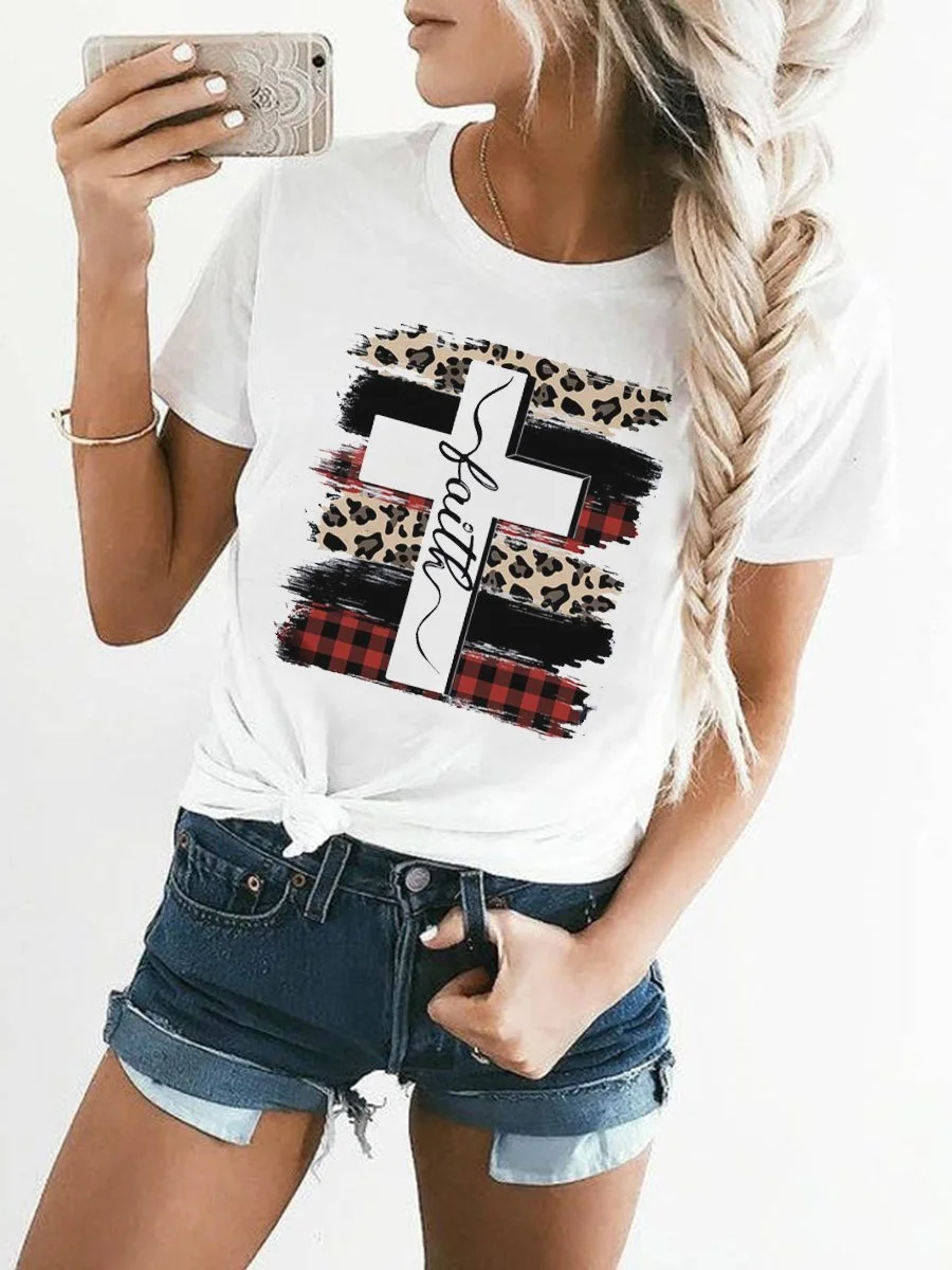 Faith Cross Plaid Leopard Printed T-Shirt