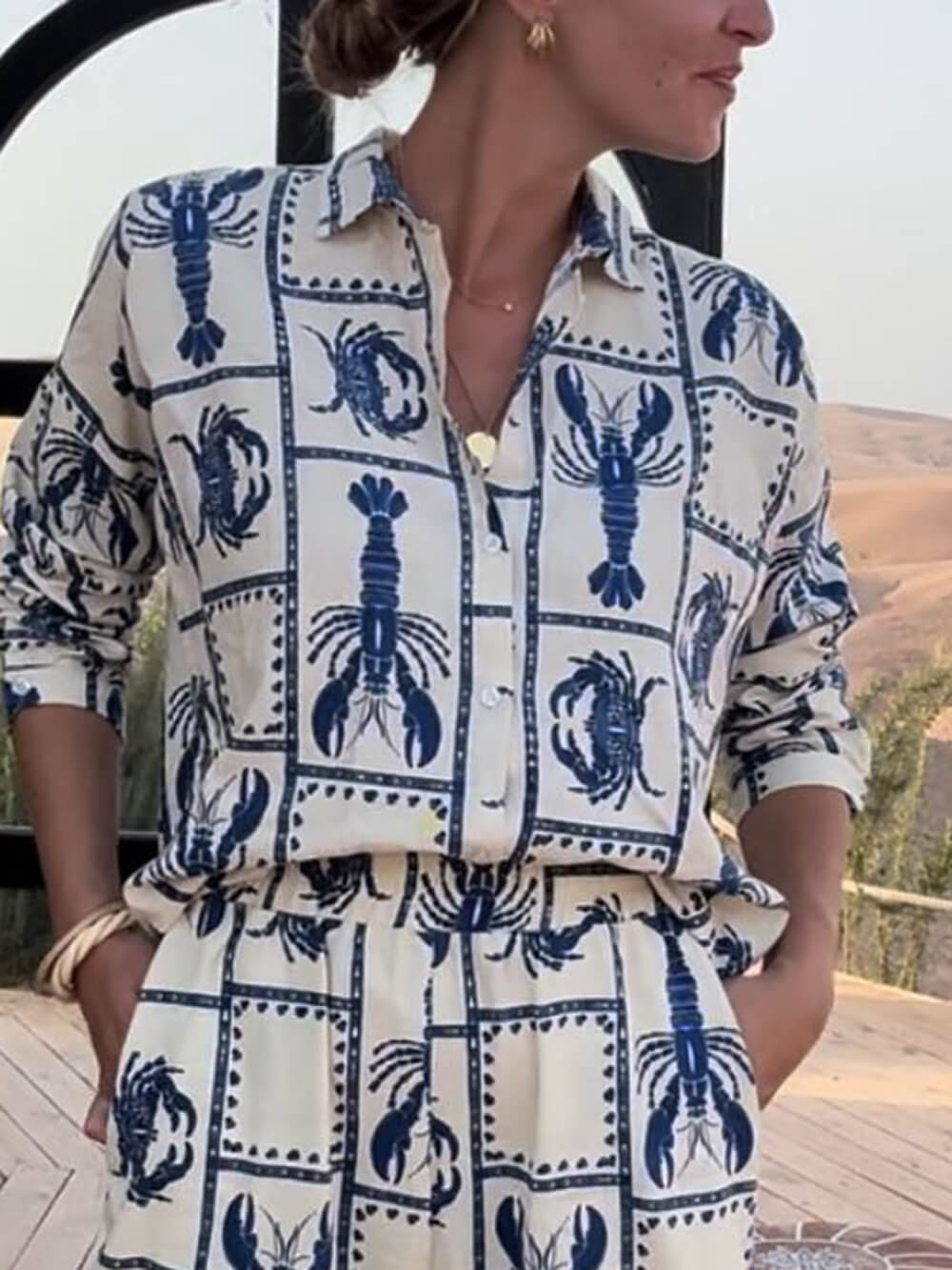 Unique Fun Lobster Pattern Printed Loose Shirt