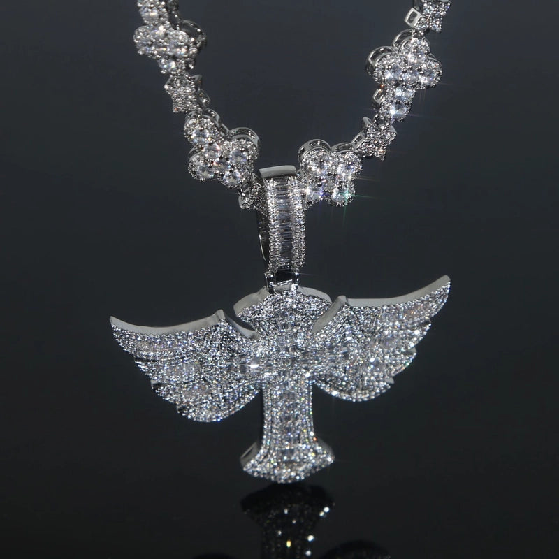 HipHop Fashion Trend New Wings Cross Zircon Pendant Necklace Tennis Chain Men’s Necklace