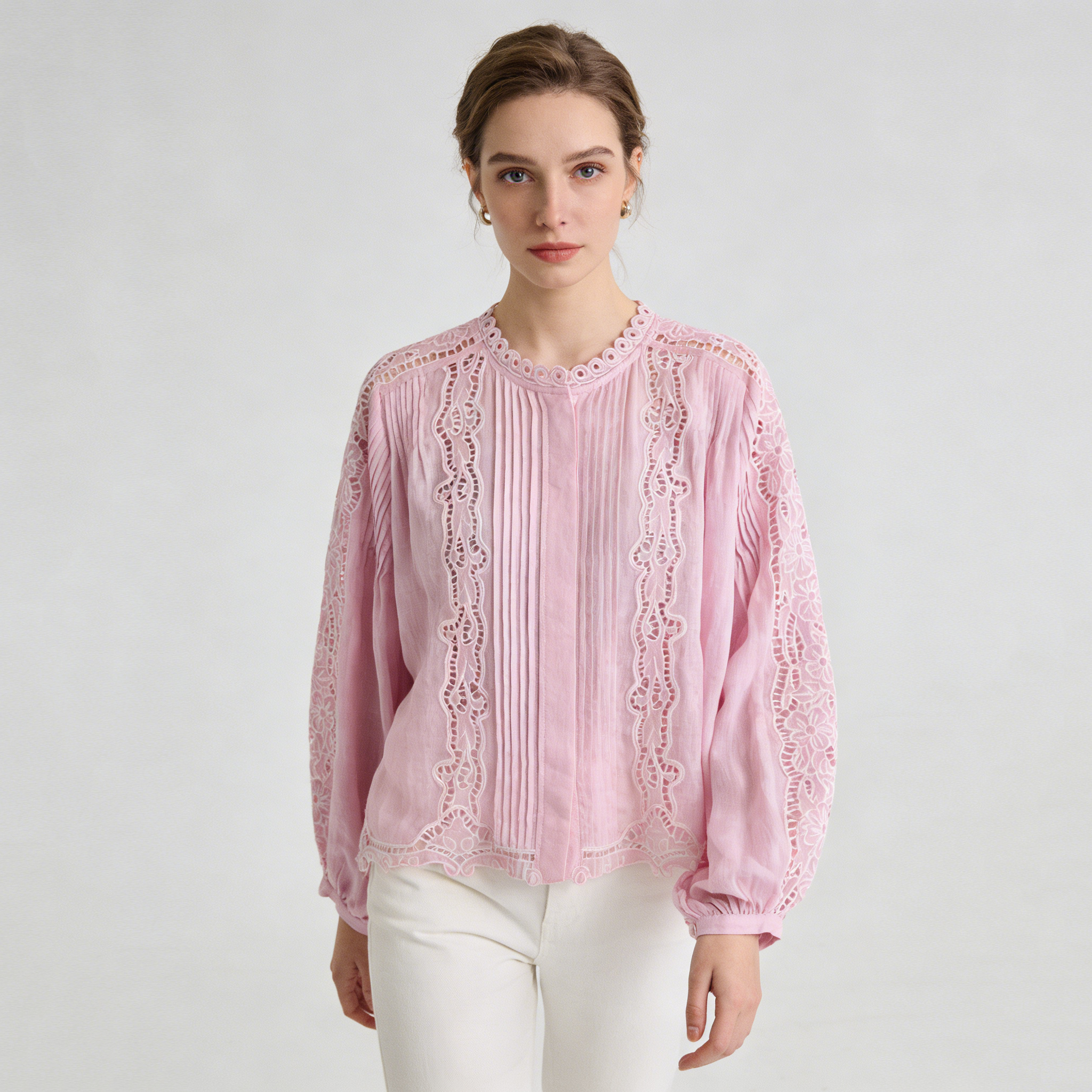 Linen Blouse Women 100% Ramie Embroidered Pleated Top REAL SILK LIFE