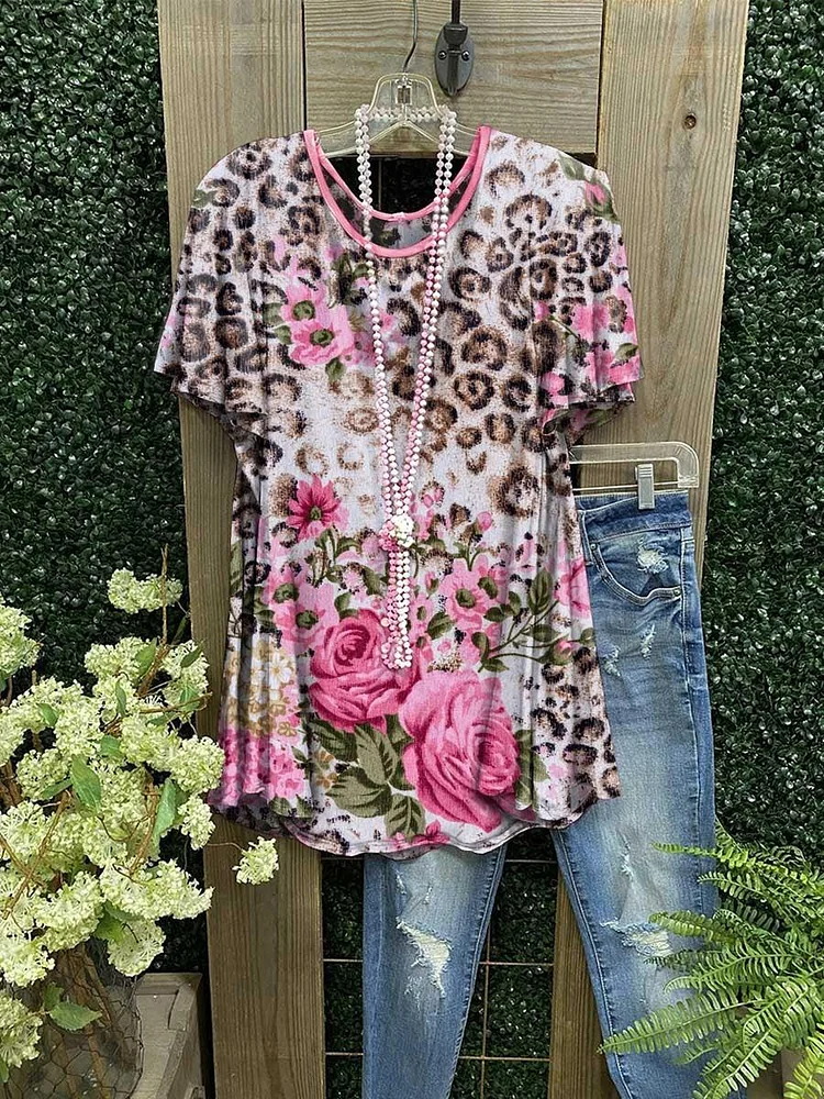 Women's Summer Pink Rose Leopard Print Casual Short Sleeve T-Shirt