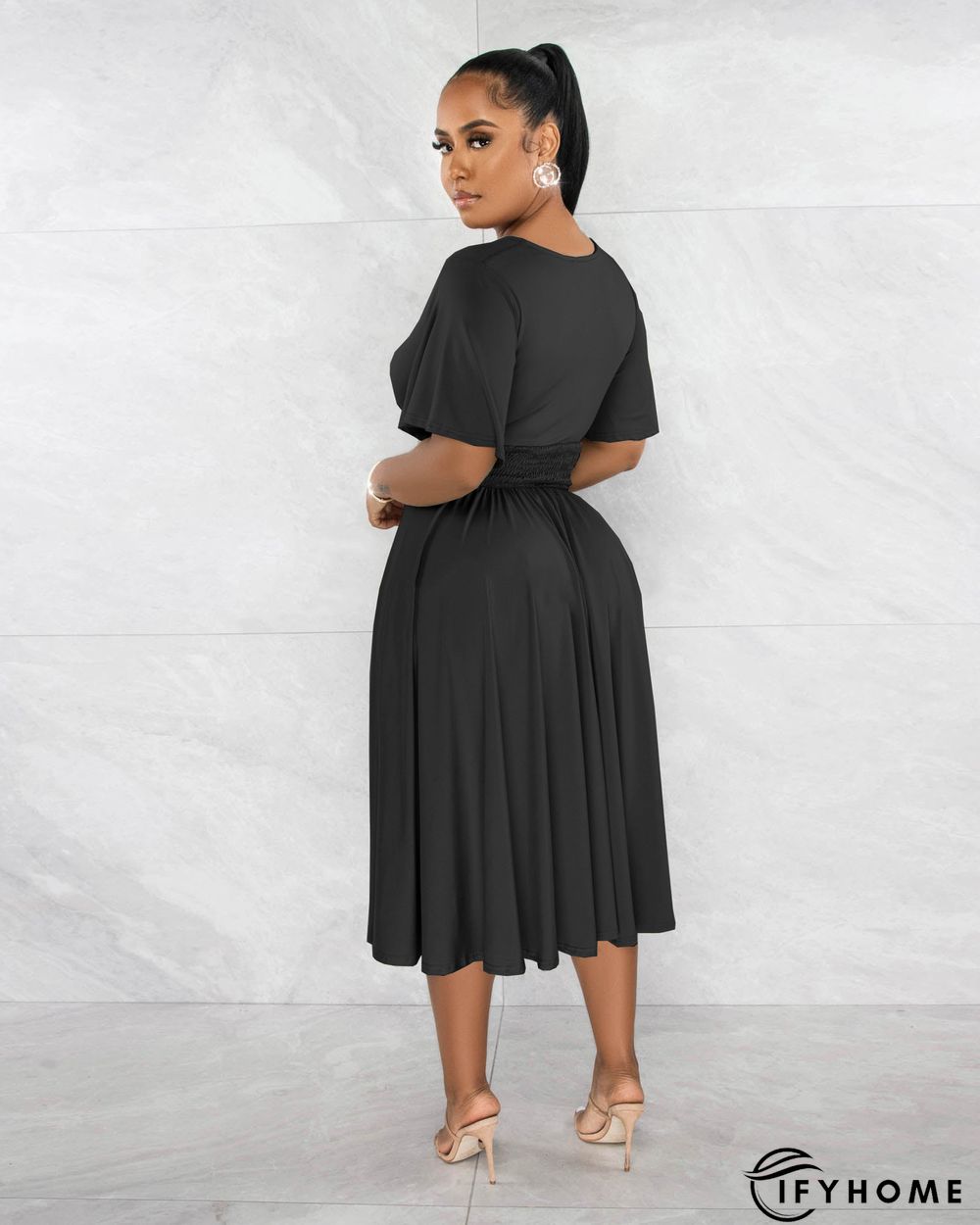 Fashion Solid Color V-neck Short-sleeved Waist Pleated Dress | IFYHOME