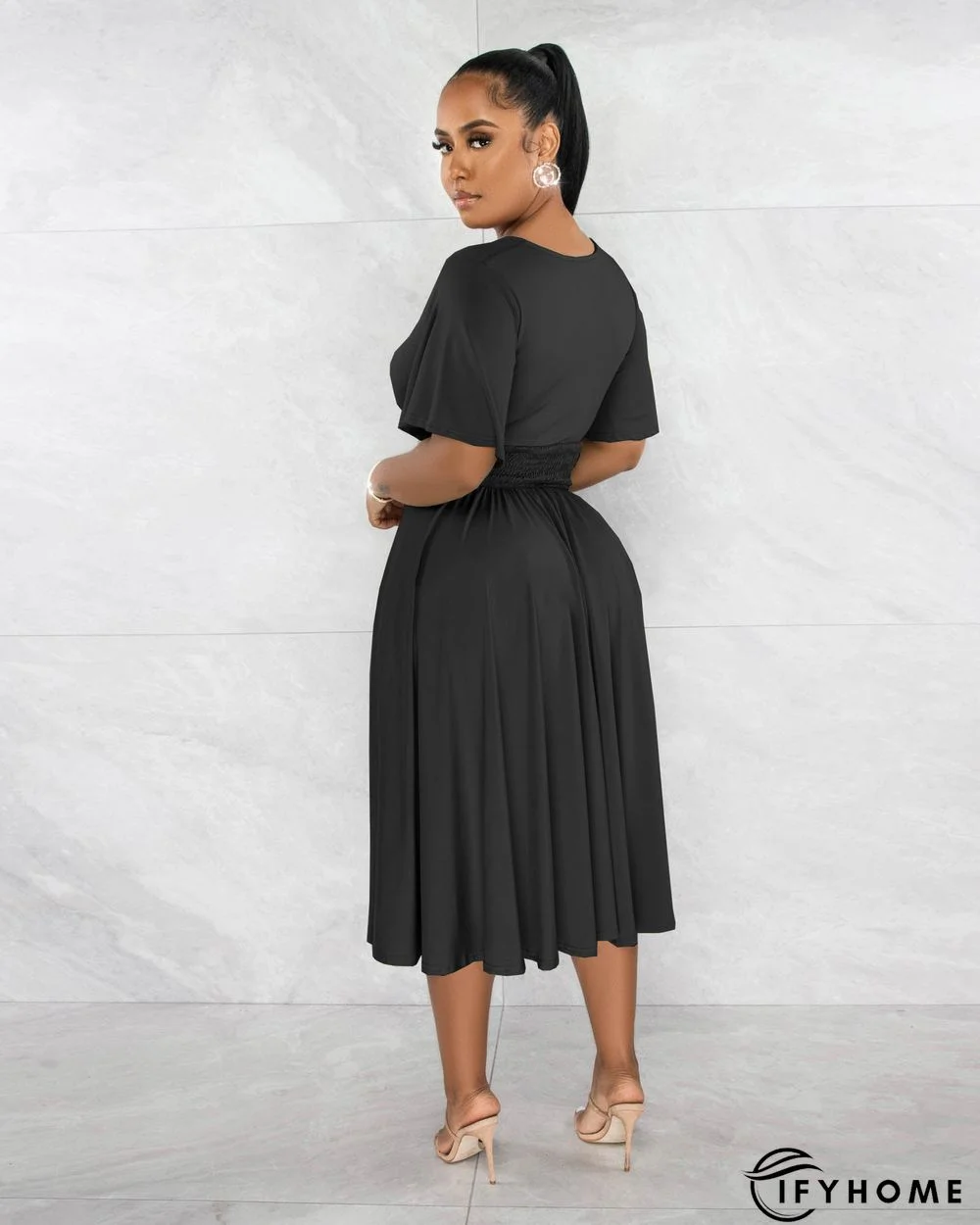 Fashion Solid Color V-neck Short-sleeved Waist Pleated Dress | IFYHOME