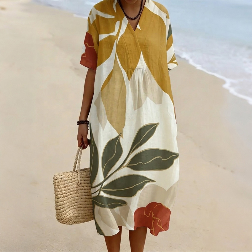 Comstylish Women's Linen Dress With Leaf And Branch Art Pattern