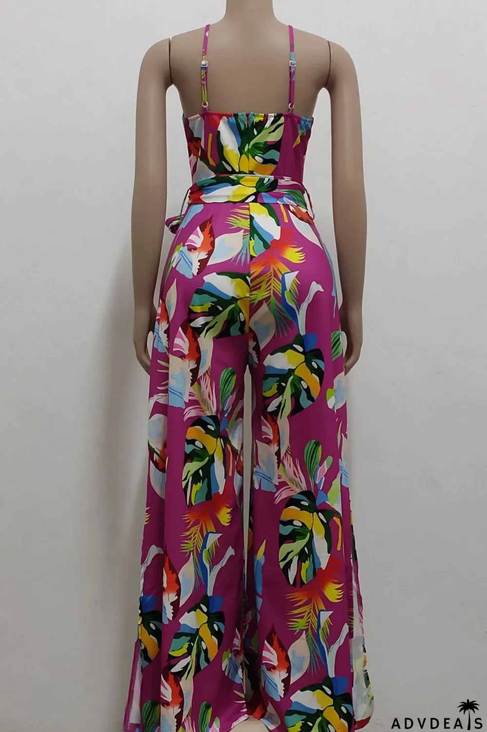 Red Casual Print Patchwork Spaghetti Strap Straight Jumpsuits