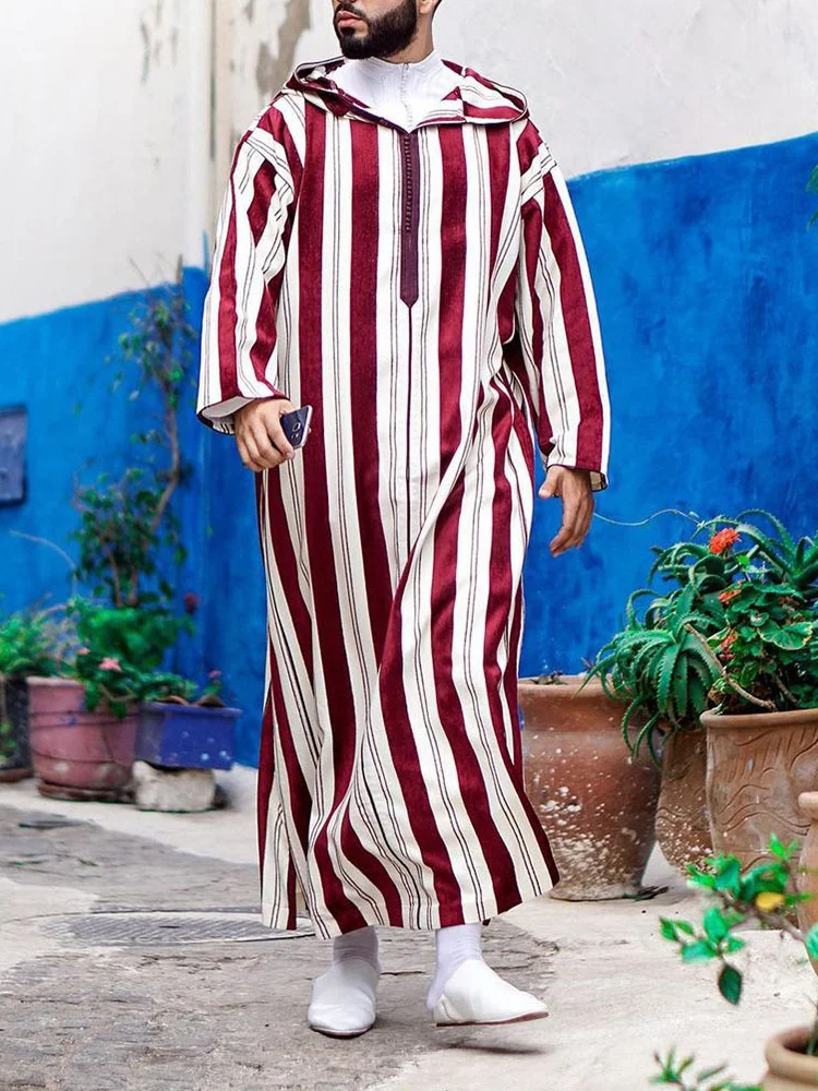 Muslim Striped Print Casual Long Shirt Robe