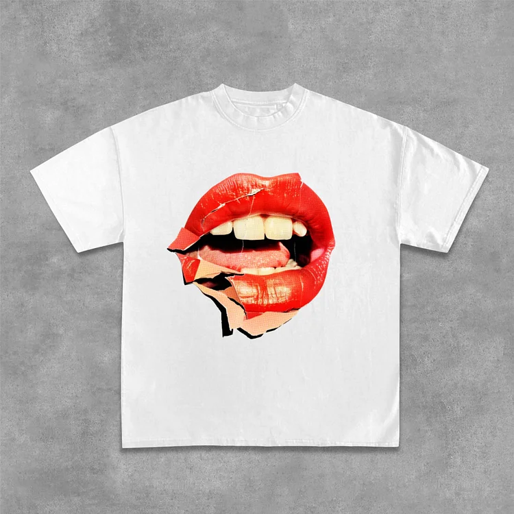 Collage Red Lip Graphic Design Cotton T-Shirt SOPULA