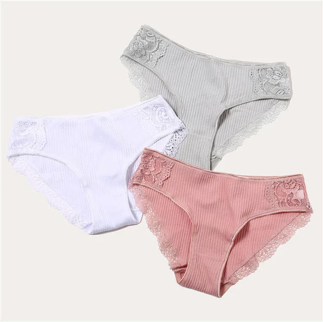 FINETOO 3PCS/Set Cotton Panties Women Underwear Sexy Panties Lace Brief for Female Panty Lingerie Low Waist Floral culotte femme