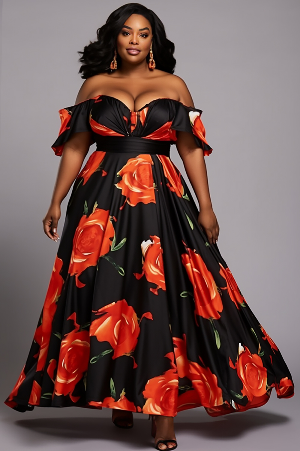 Design Plus Size Daily Red Floral Off The Shoulder Knitted Maxi Dresses [Pre-Order]