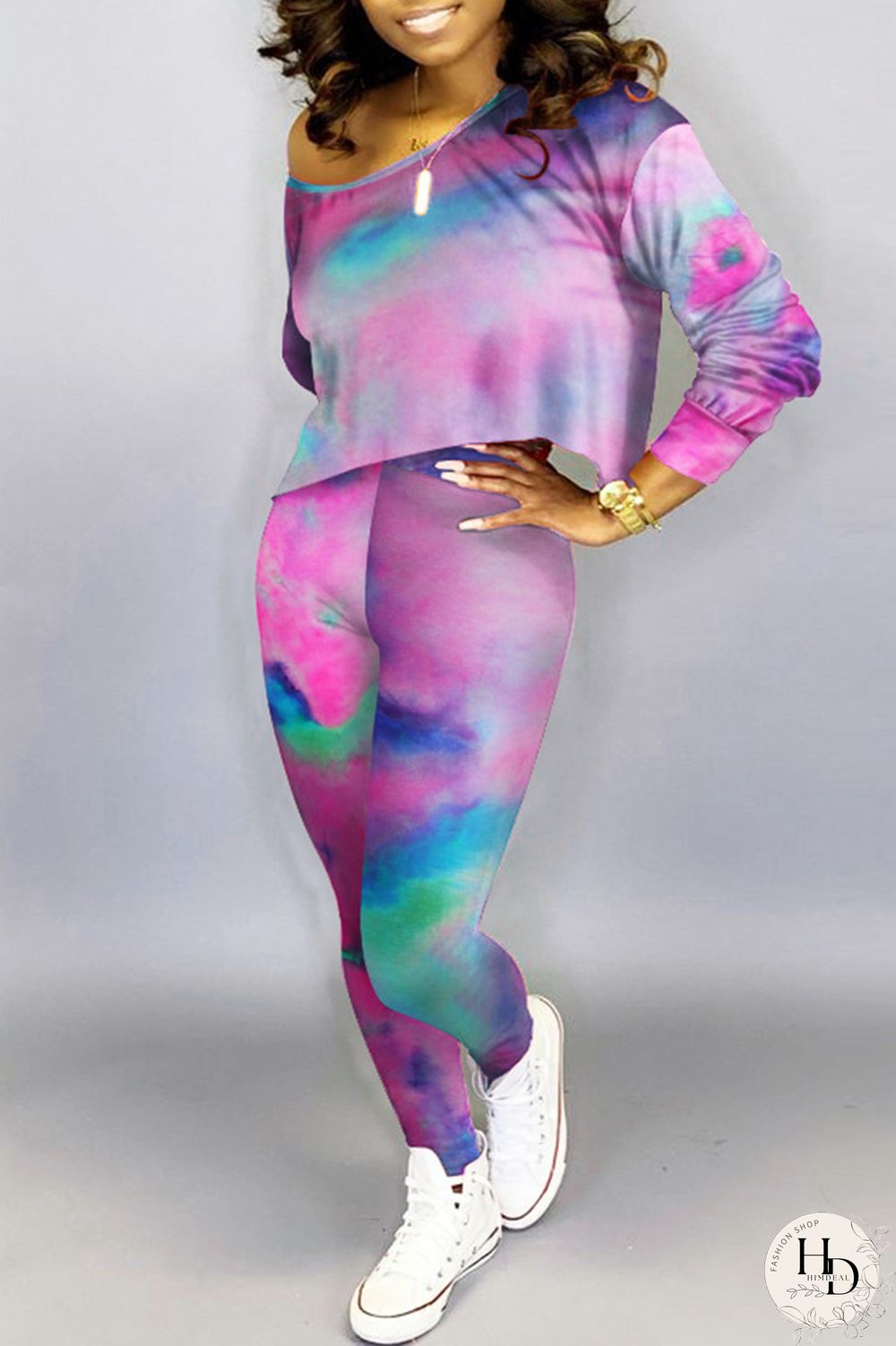 Green Fashion Casual Print Tie-dye Oblique Collar Long Sleeve Two Pieces