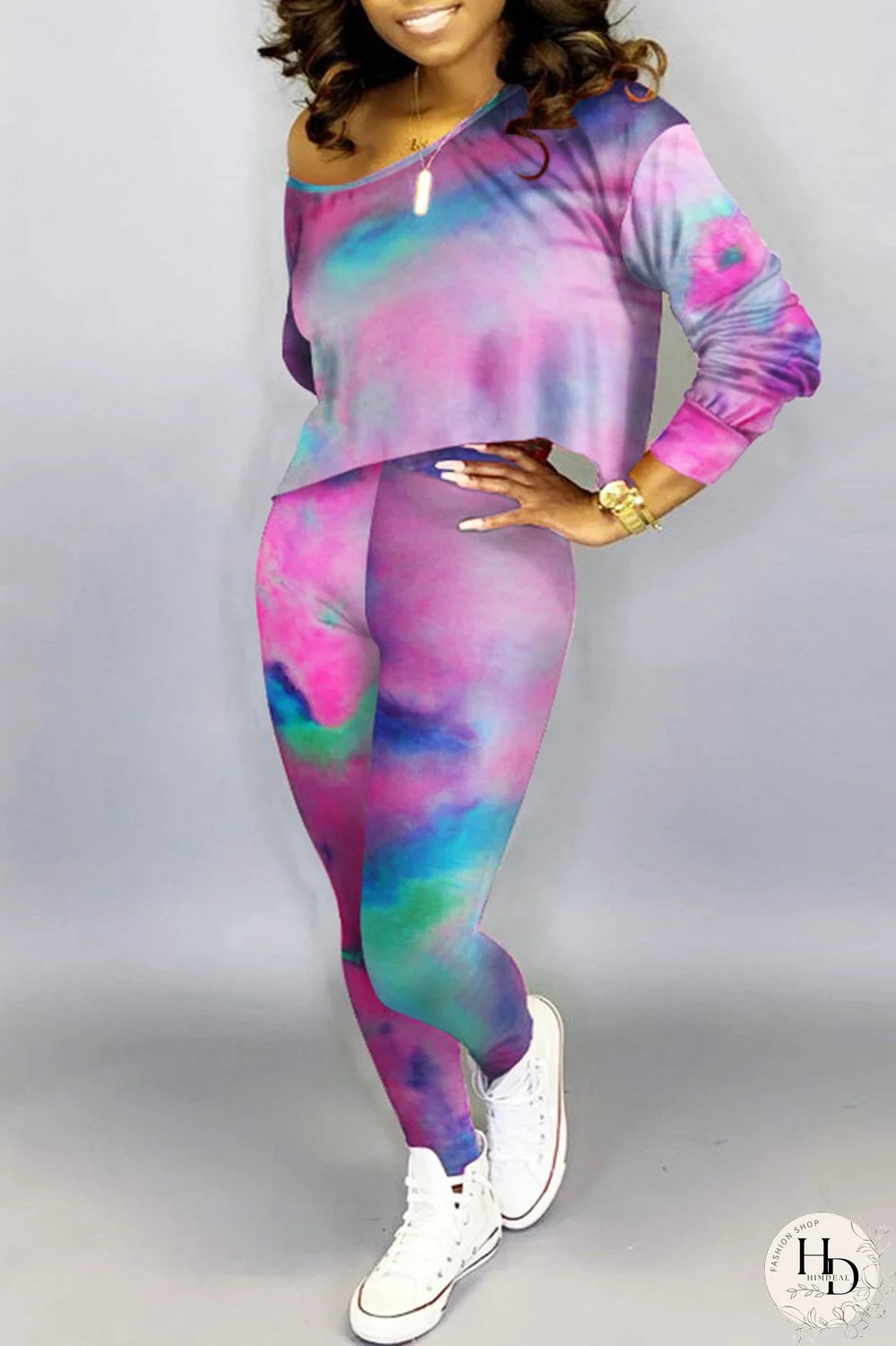 Green Fashion Casual Print Tie-dye Oblique Collar Long Sleeve Two Pieces