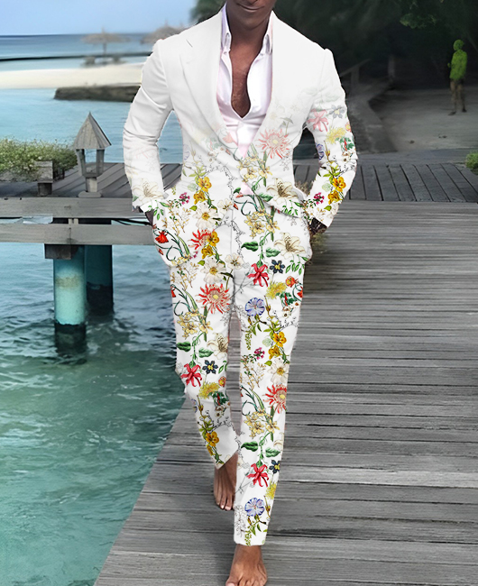 Notch Lapel Floral Plant Print Blazer & Pants 2Pcs Set