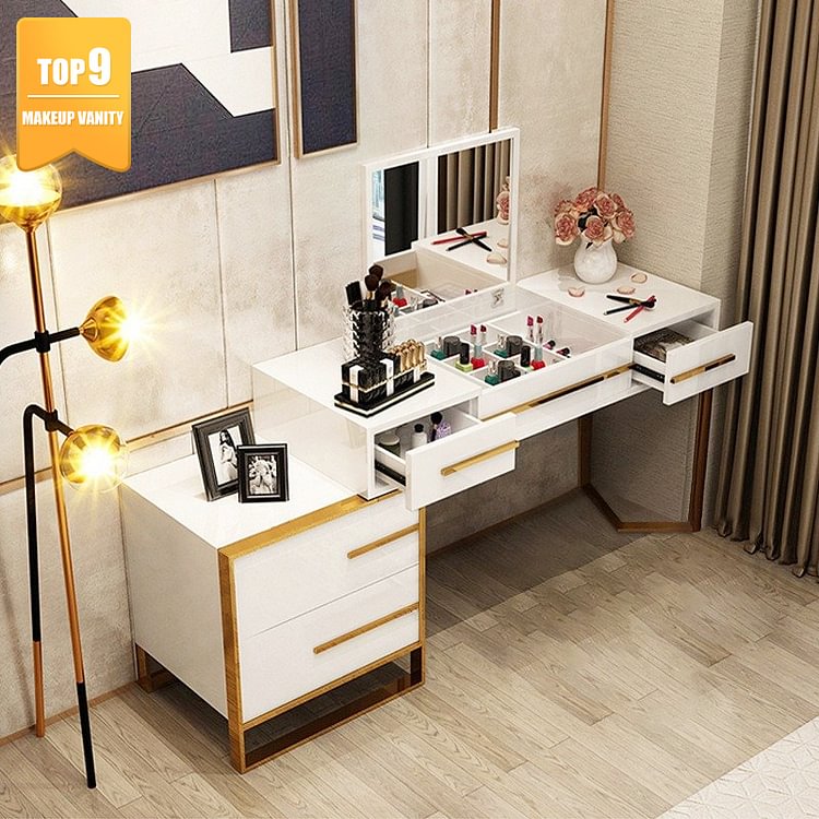 Homemys Modern Makeup Vanity Dresser Set with Retractable Cabinet, Stool, Mirror