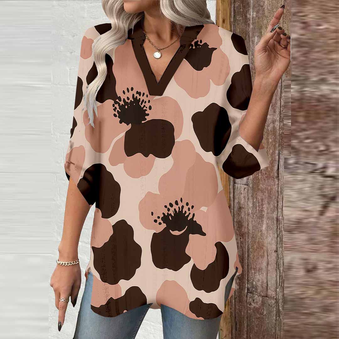 Women Animal, Pink, Black DZGA0150 3/4 Sleeve V-neck Printed Graphic Button Tops