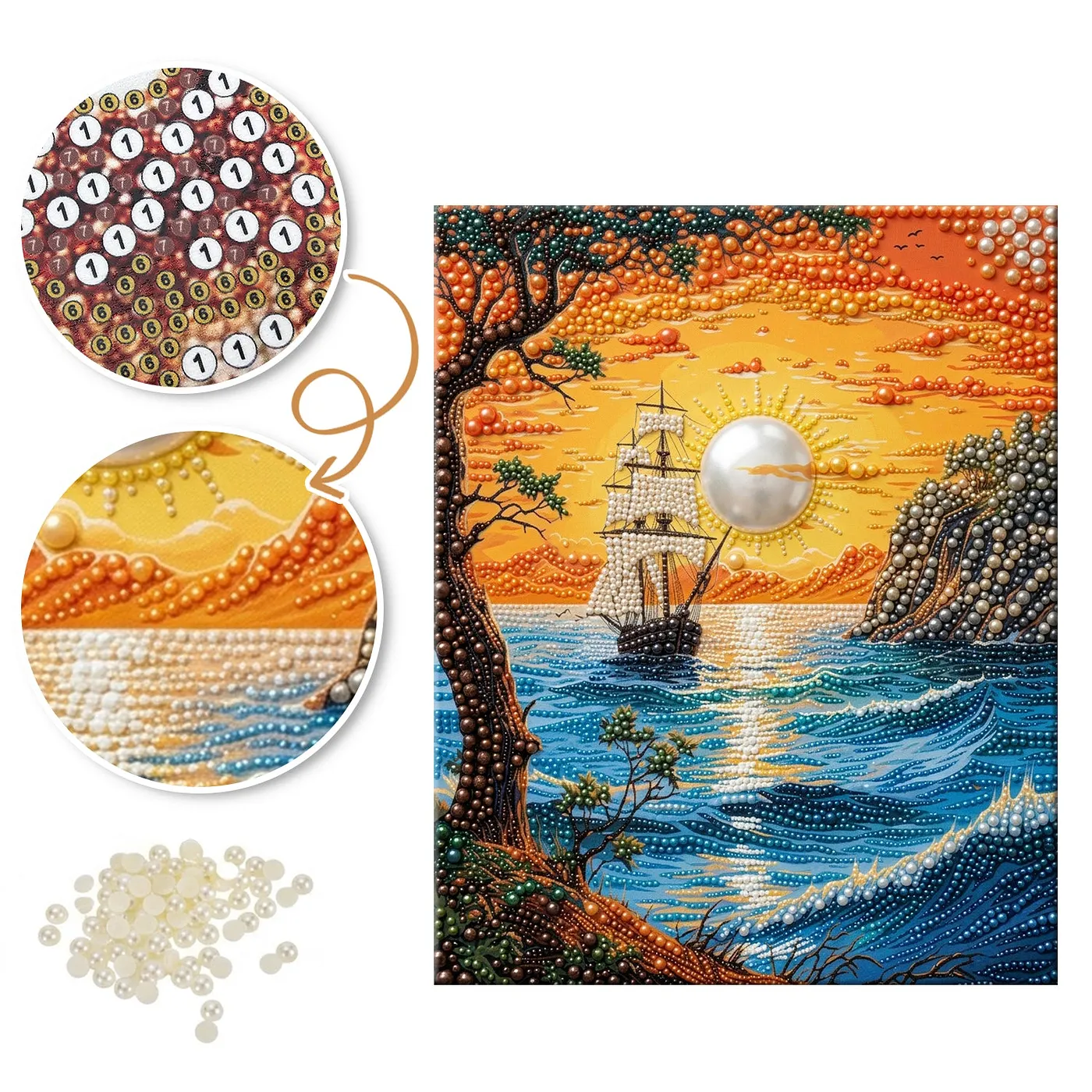 Sailing Ship at Orange Sunset - Pearls Painting