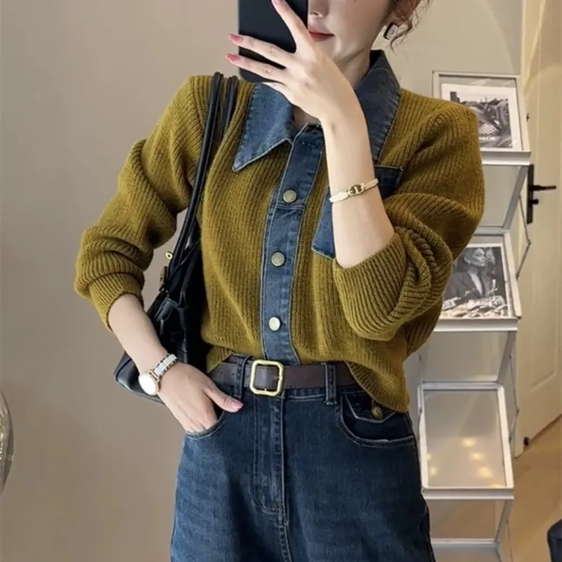 Churchf Churchf And Winter Women's Clothes Fake Two POLO Collar Short Jacket Denim Shirt Collar Stitching Knit Cardigan Sweater Coat