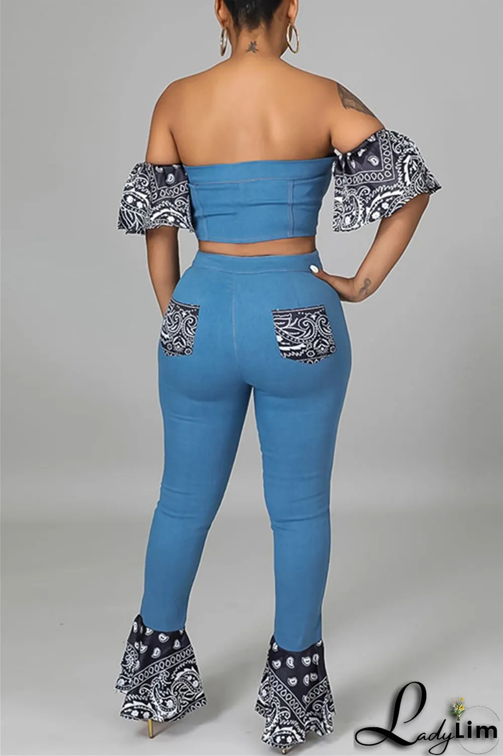 Dark Blue Sexy Casual Patchwork Backless Strapless Short Sleeve Two Pieces