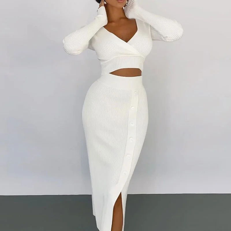 Sonicelife 2023 Autumn New Fall Outfits Knitted V-Neck Crop Top Midi Skirts Sets Women Winter Long Sleeve T-Shirt 2 Piece Set Female Button Split Skirt Suit