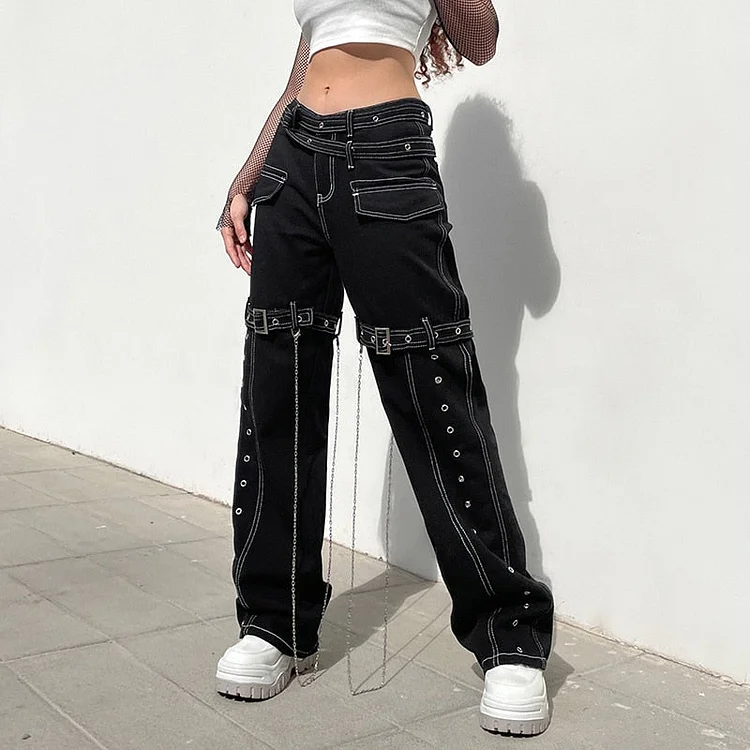 Sweetown Black Streetwear Jean Cargo Pants With Sashes Eyelet Chains Punk Style Denim Trousers Women Low Waist Straight Jeans