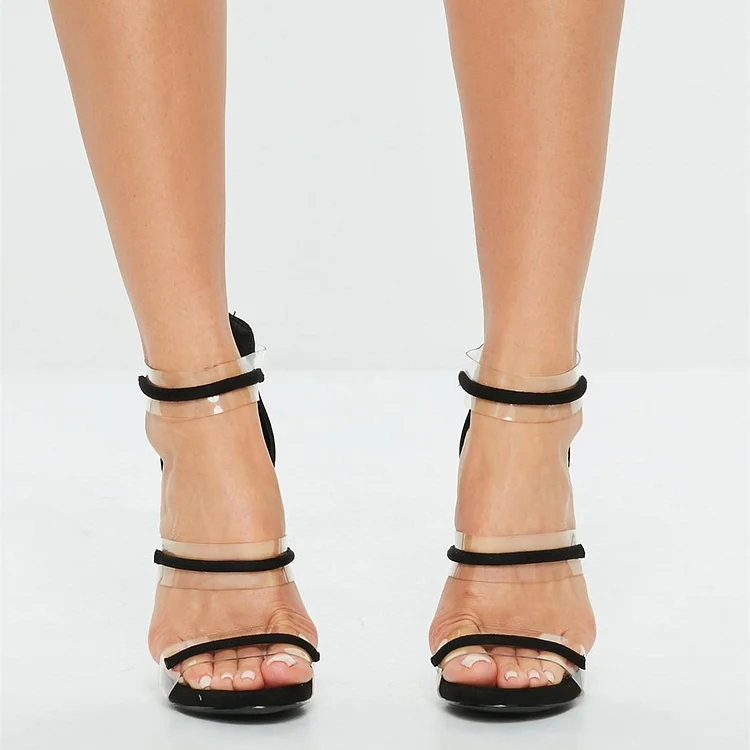 Black Stiletto Clear Tri-Straps Sandals Vdcoo