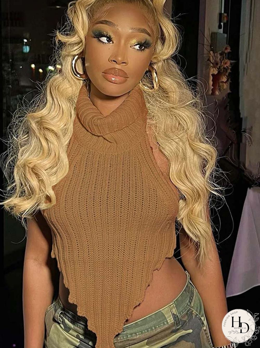 Knitted Worsted Vest For Women Fashion Irregular Shape Cut Out High Street Style Top Cascading Turtleneck Sleeveless Wear