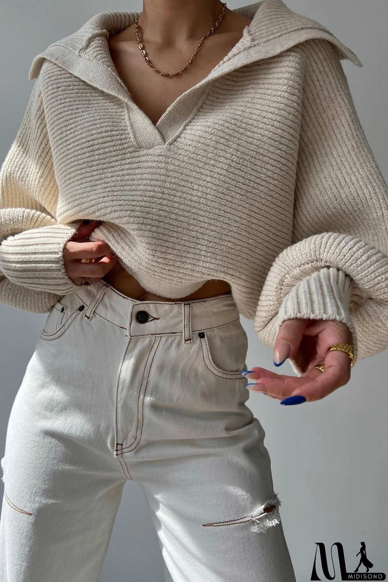 MidiSono - Lapel V Neck Puff Sleeve Sweater