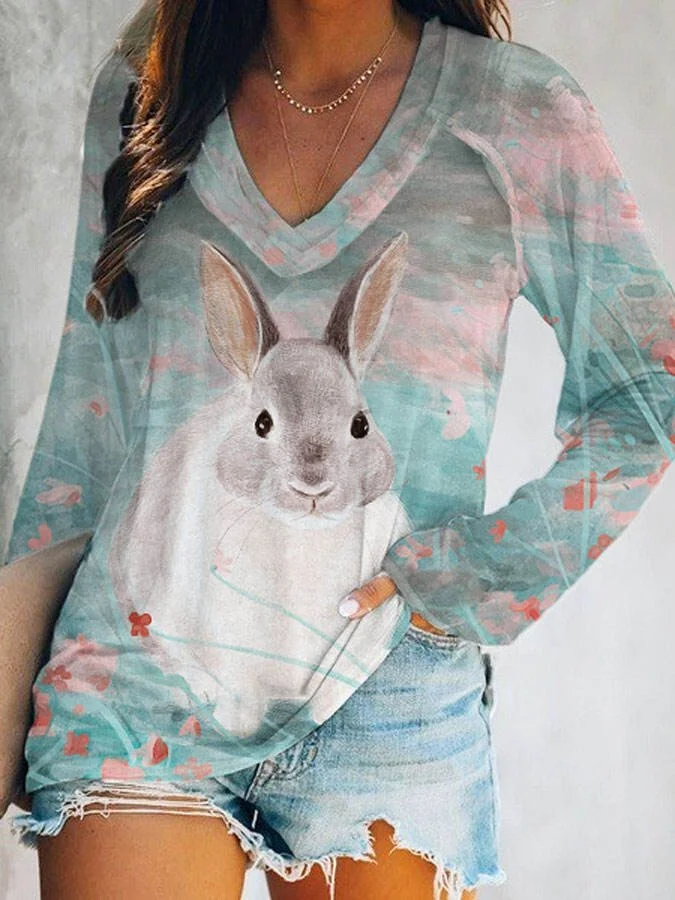 Women's Easter Bunny Print V-Neck T-Shirt