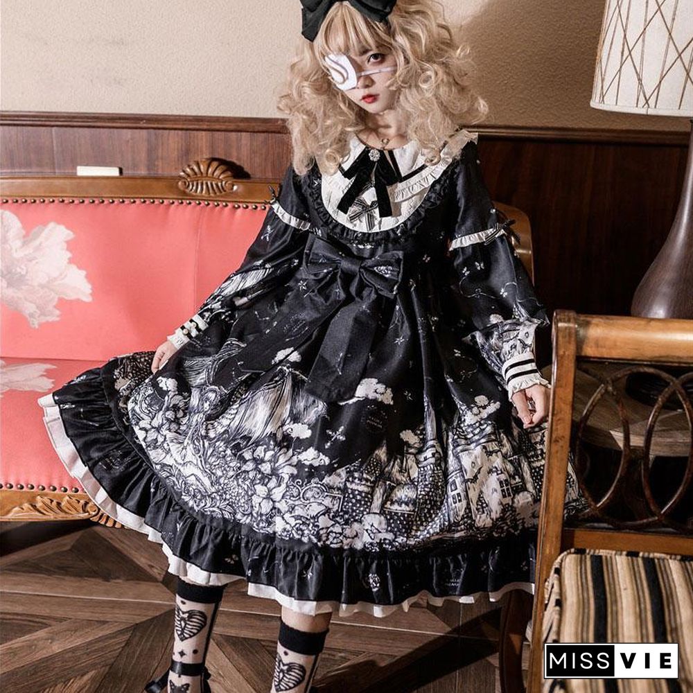 Gothic Print Bow Ruffle Doll Collar Lolita Dress