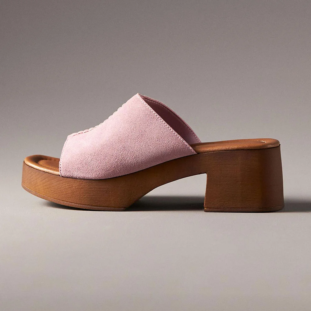 Pink Vegan Suede Chunky Heel Open-Toe Mules for Women with Platform