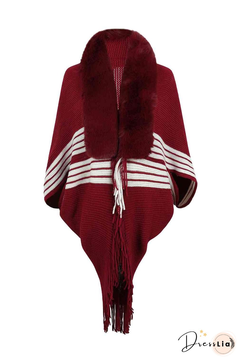 Striped Fringe Detail Long Sleeve Poncho