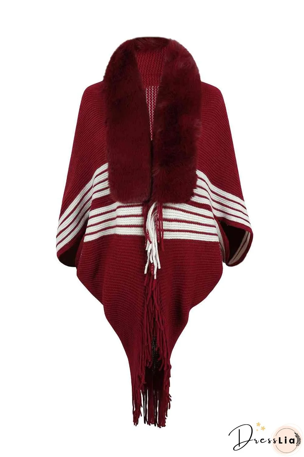 Striped Fringe Detail Long Sleeve Poncho