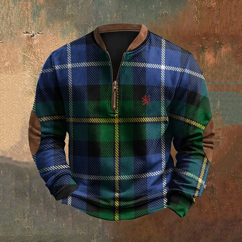 Scotland Lion Embroidered Plaid Zip Collar Sweatshirt