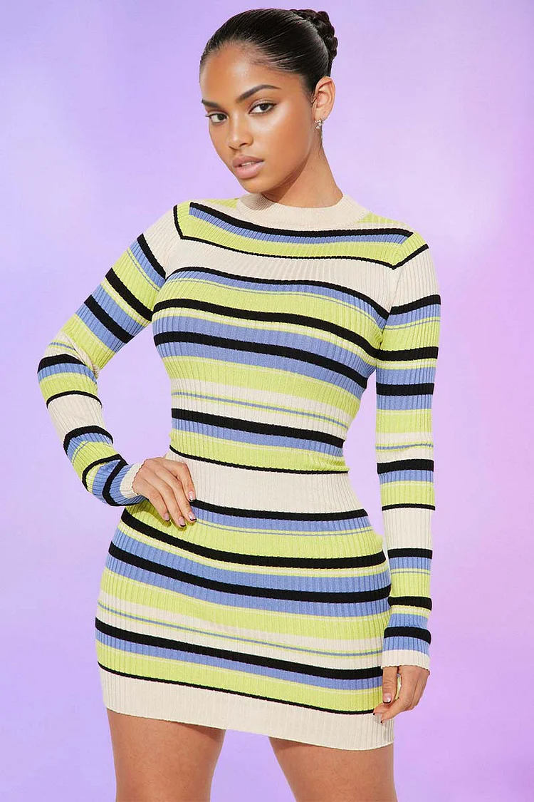 Knit Multicolored Striped Long Sleeve Bodycon Mini Sweater Dresses [Pre Order]