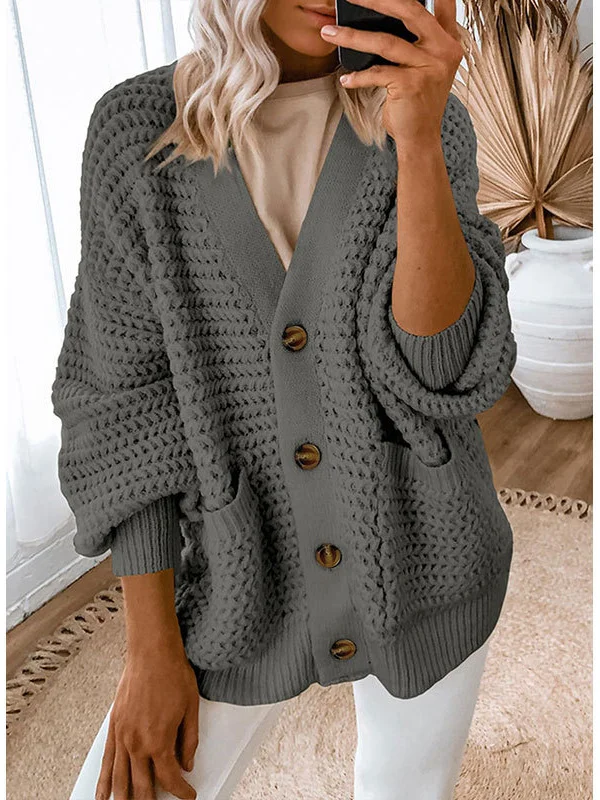 Athvotar Athvotar And Winter New Single-Dbutton V-Neck Sweater Women Loose Lantern Sleeve Jacket