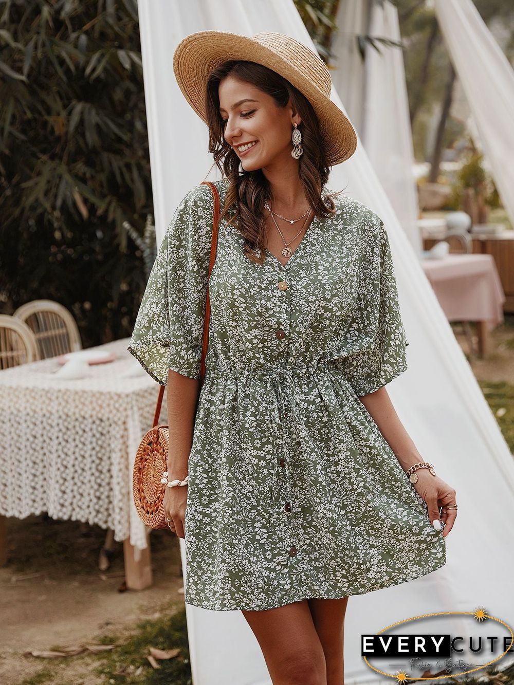Floral V-Neck Half Sleeve Mini Dress