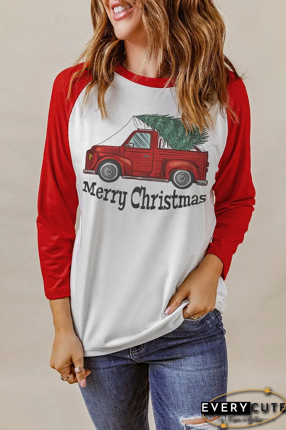 Red Merry Christmas Truck Graphic Print Color Block Top