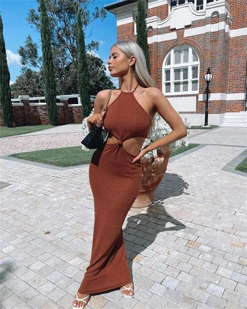 Colourp Halter Knitted Sexy Dress Women Backless 2023 Summer Temperament Elegant Slim Bodycon Dress Midi Long Dresses Vestidos