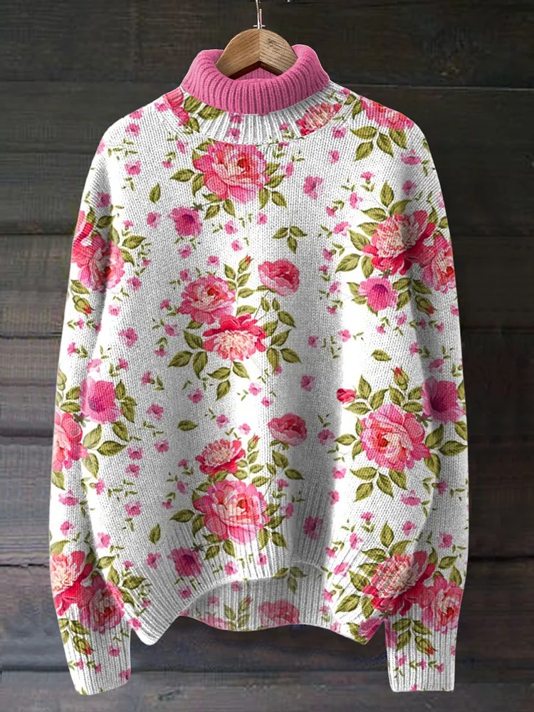 Vintage Flower Art Print Knit Turtleneck Pullover Sweater