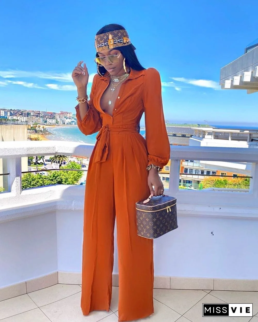 Casual Shirt Collar High Waist Wide Leg Jumpsuit With Belt