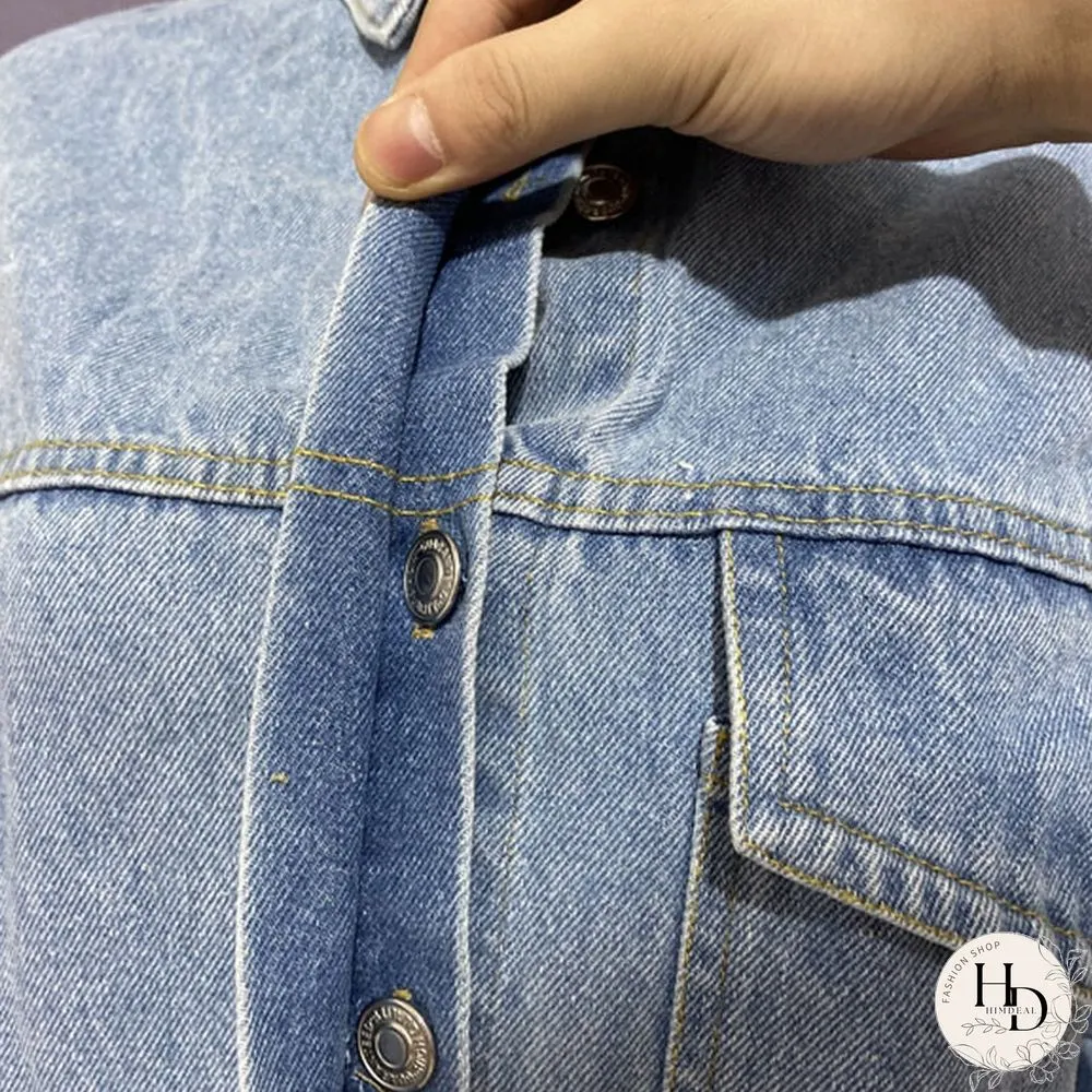 Spring-Autumn Womens Vintage Blue Long Denim Jackets Solid Pocket Jeans Coat Female