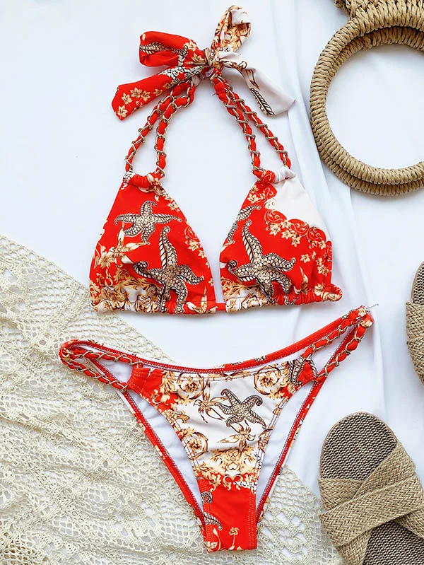 Triangle Printed Bandage Halter Bikini Swimwear 