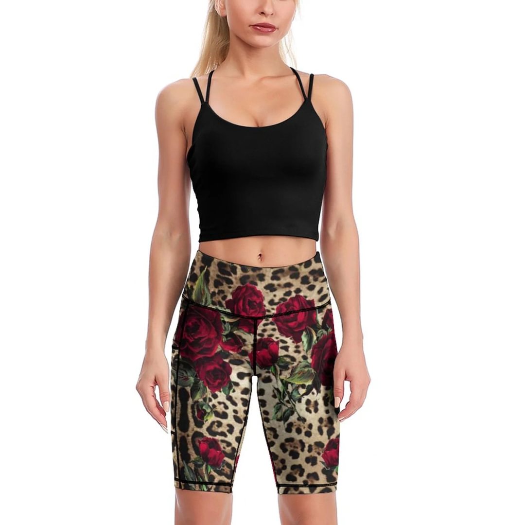 Red Roses Leopard Print Knee-Length Yoga Shorts Women's Biker High Waist Workout Yoga Shorts With Pocket