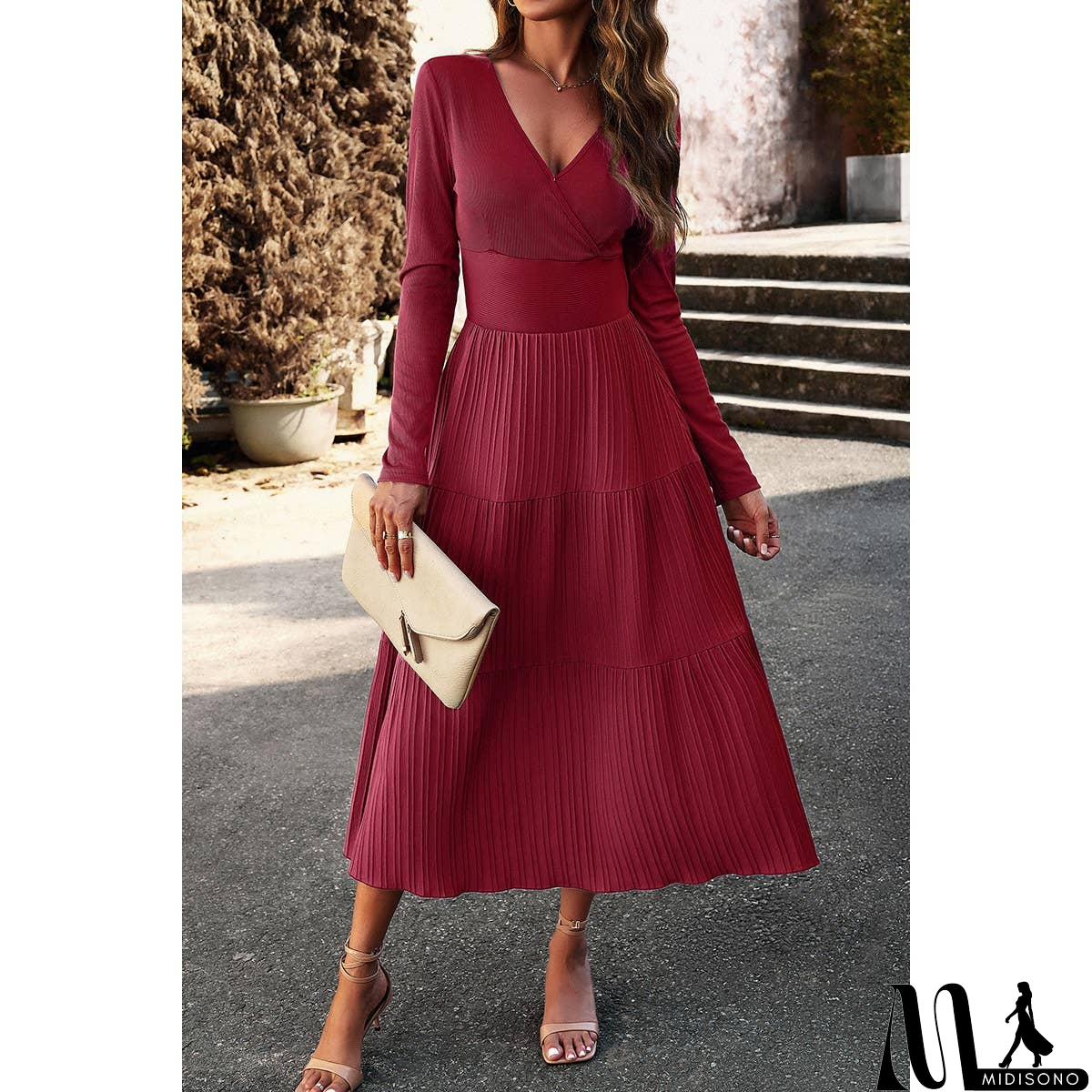 MidiSono - Elastic Waist Fit A Line Color Block Ruffle Dress