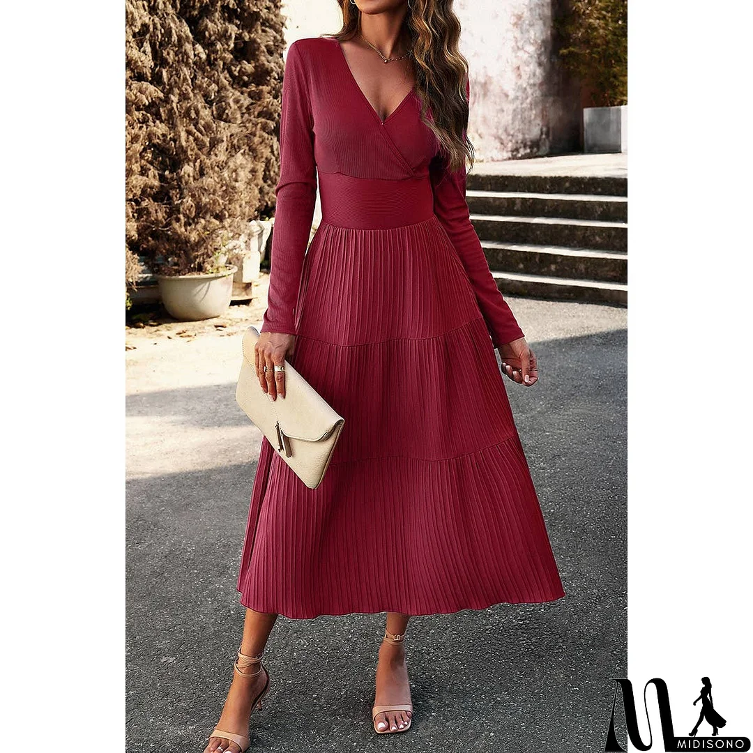 MidiSono - Elastic Waist Fit A Line Color Block Ruffle Dress