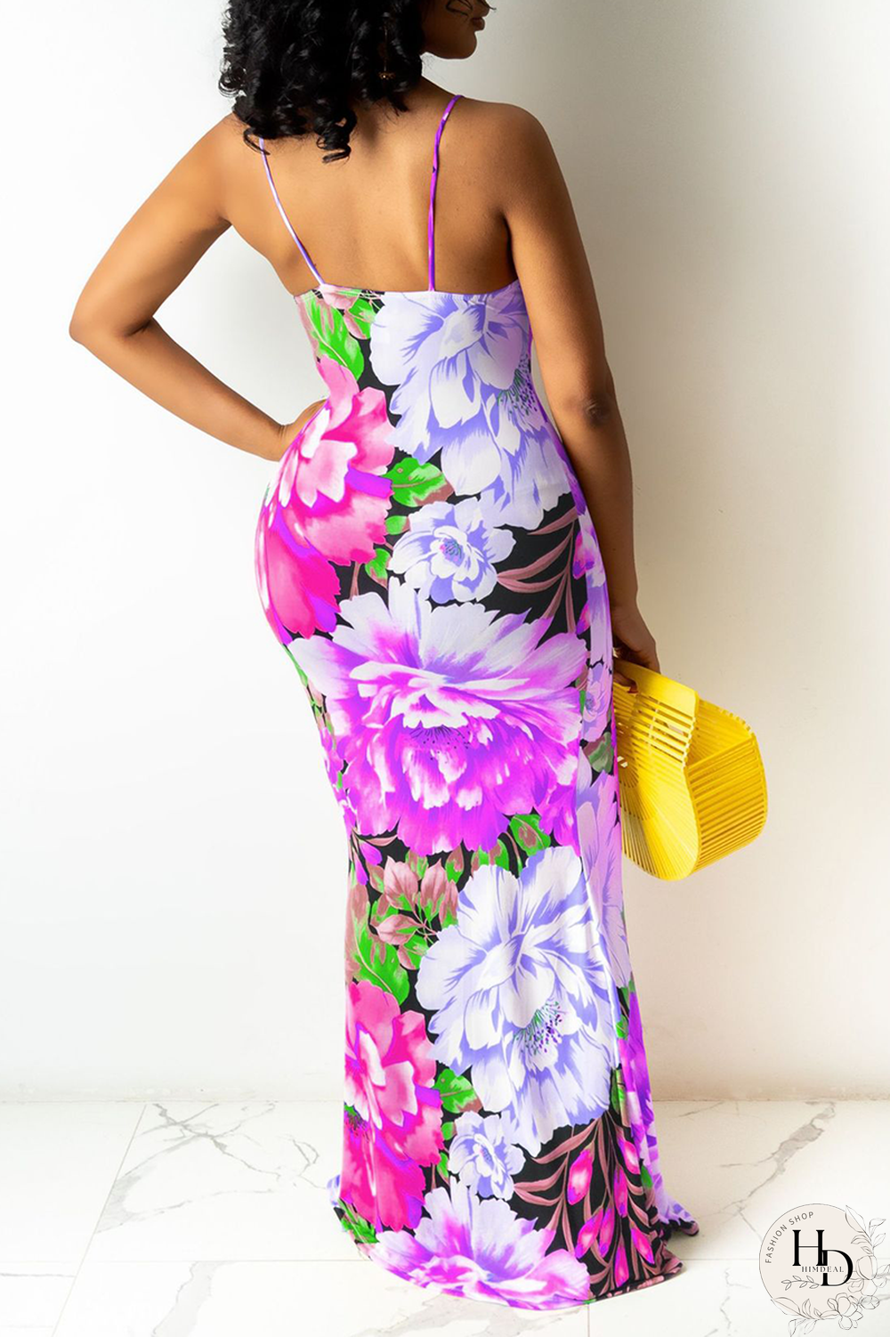 Yellow Sexy Patchwork Split Joint Spaghetti Strap Pencil Skirt Dresses