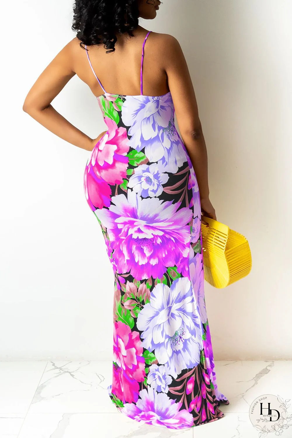 Yellow Sexy Patchwork Split Joint Spaghetti Strap Pencil Skirt Dresses