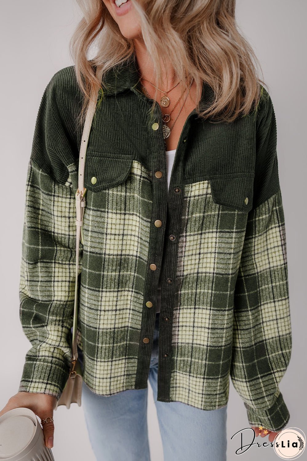 Green Plaid Corduroy Jacket with Pockets