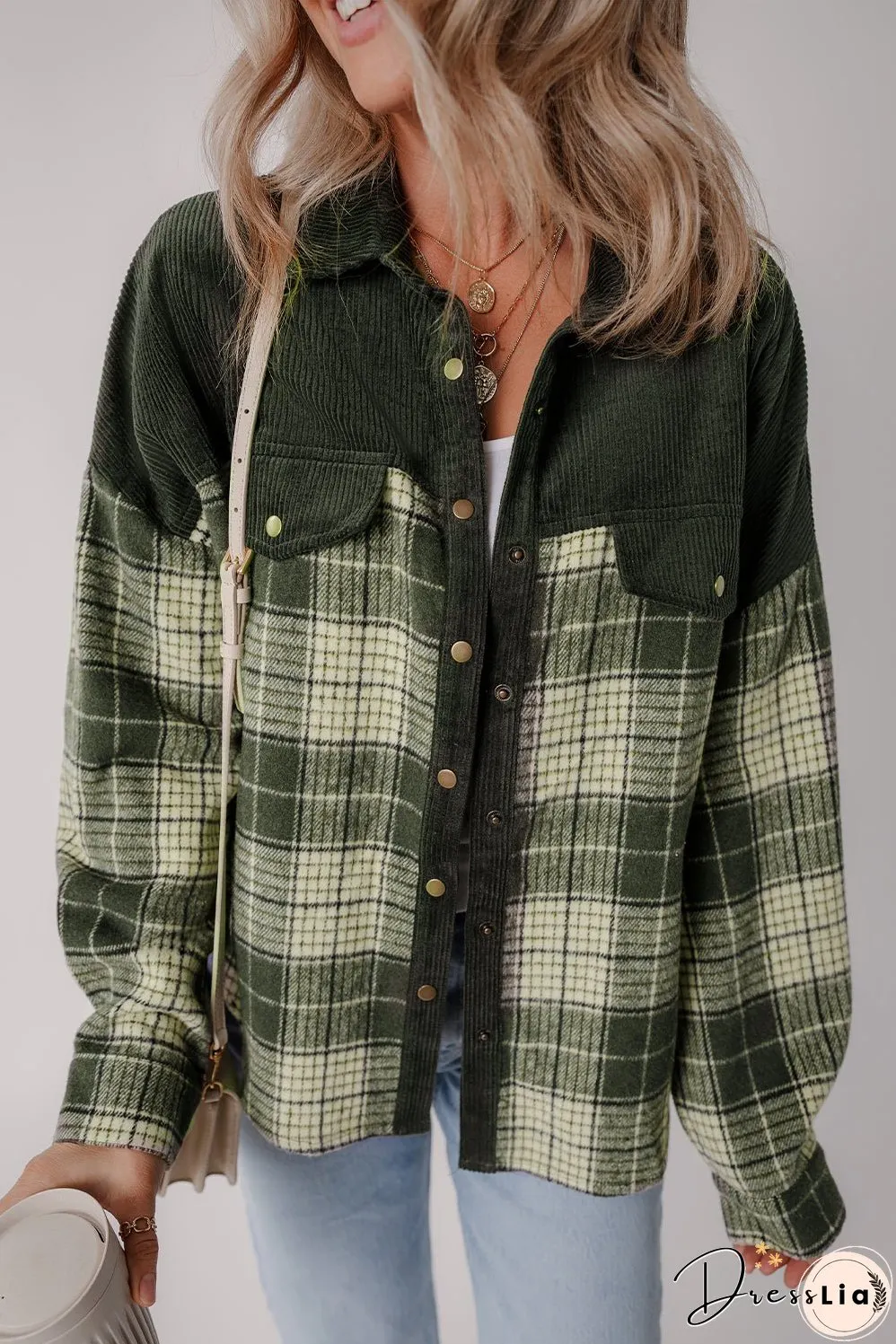 Green Plaid Corduroy Jacket with Pockets