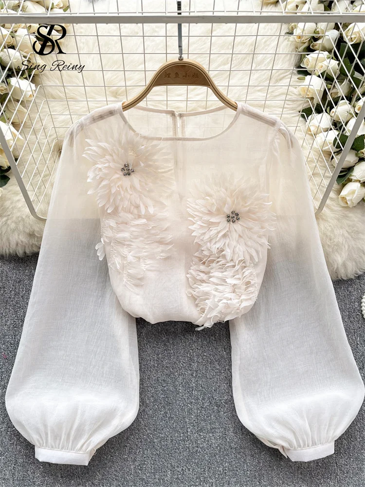 Huibahe Spring Loose Satin Blouse Women O Neck Long Sleeves Sheer Bohemian Top 2024 Transparent 3D Floral Casual Shirt