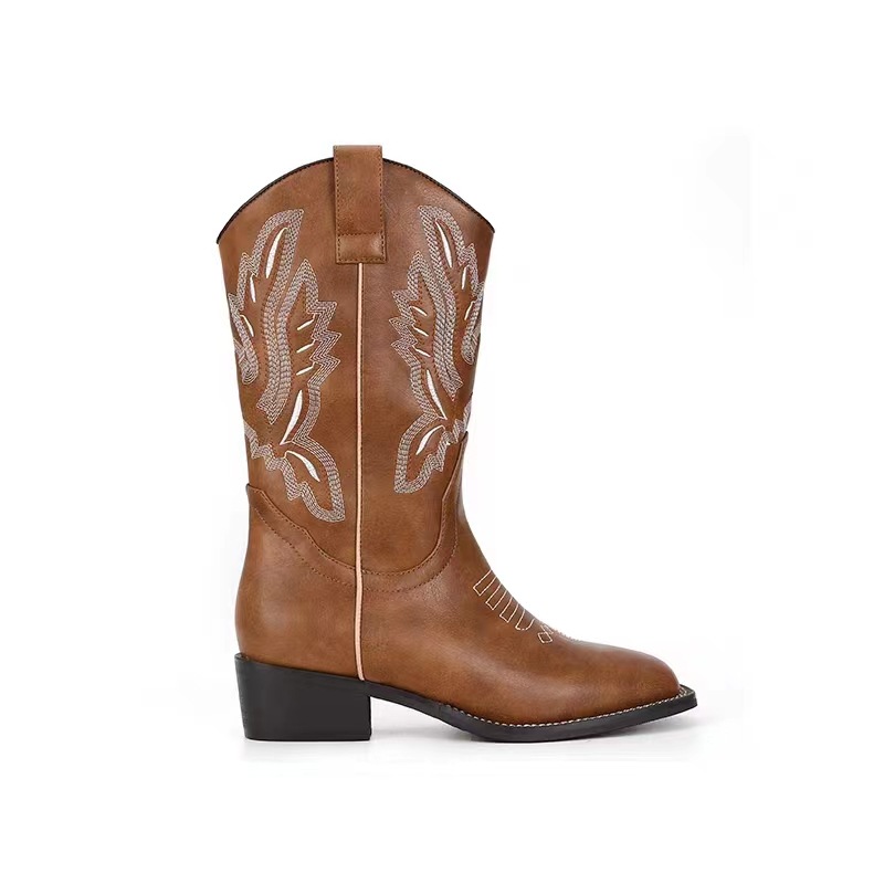 Women's Embroidered Gemma Western Boots Snip Toe Thick Heeled Wide Calf Retro Tall Boots